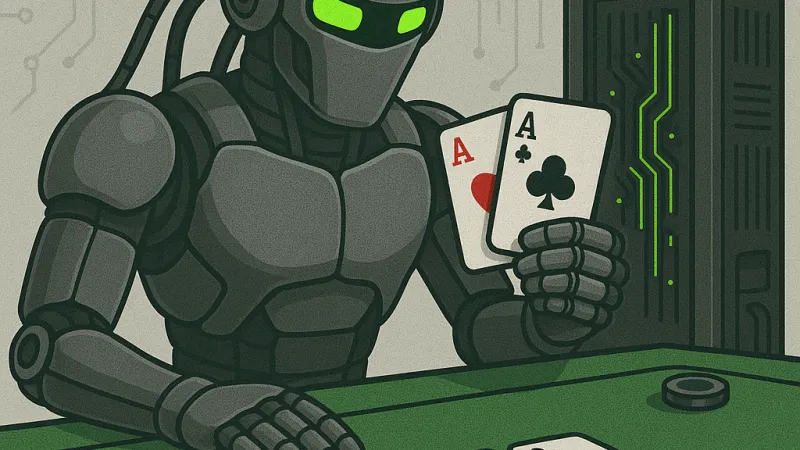 Robot holding two aces at a poker table next to a server rack, illustration for poker bots on dedicated servers