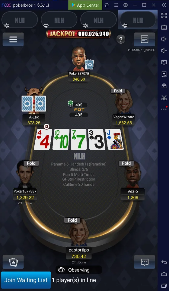 PokerBros Windows app running in an Android emulator: NLH table on a PC screen