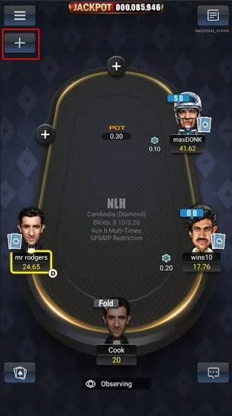 PokerBros app NLH table on a phone: six-max cash game with pot and player stacks